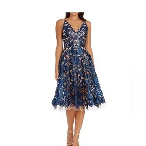 Dress The Population Blair Sequin Damask Midi Dress Navy Nude Small